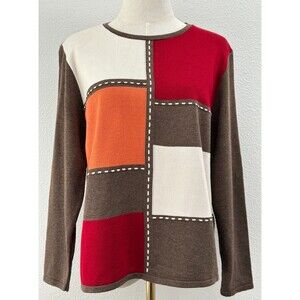 VTG Alfred Dunner Petite‎ PXL Y2K Colorblock Patchwork Knit Top Brown Red Cream